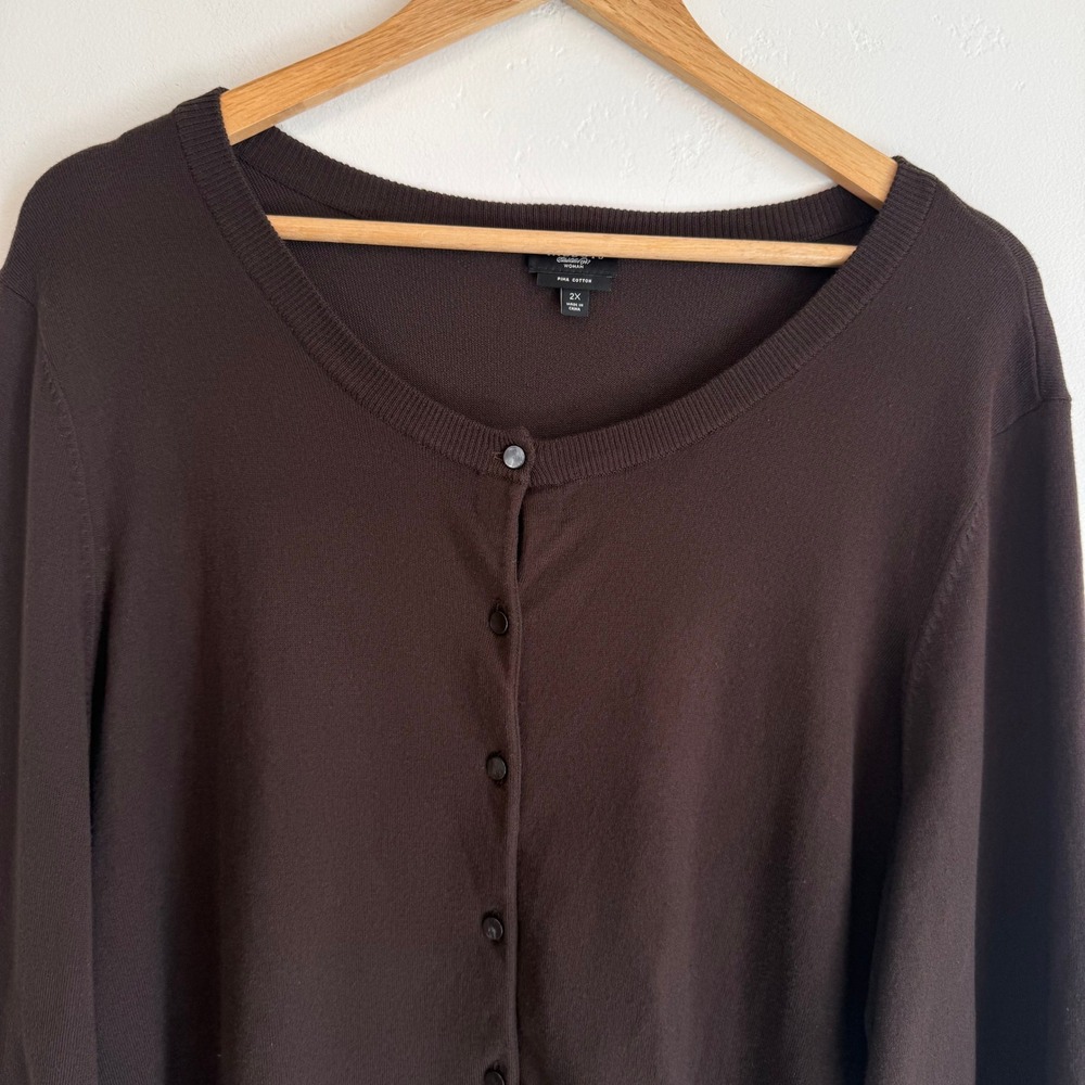 Talbots Woman Chocolate Brown Cardigan 2X Pima Cotton Dark Academia Preppy - Picture 2 of 13